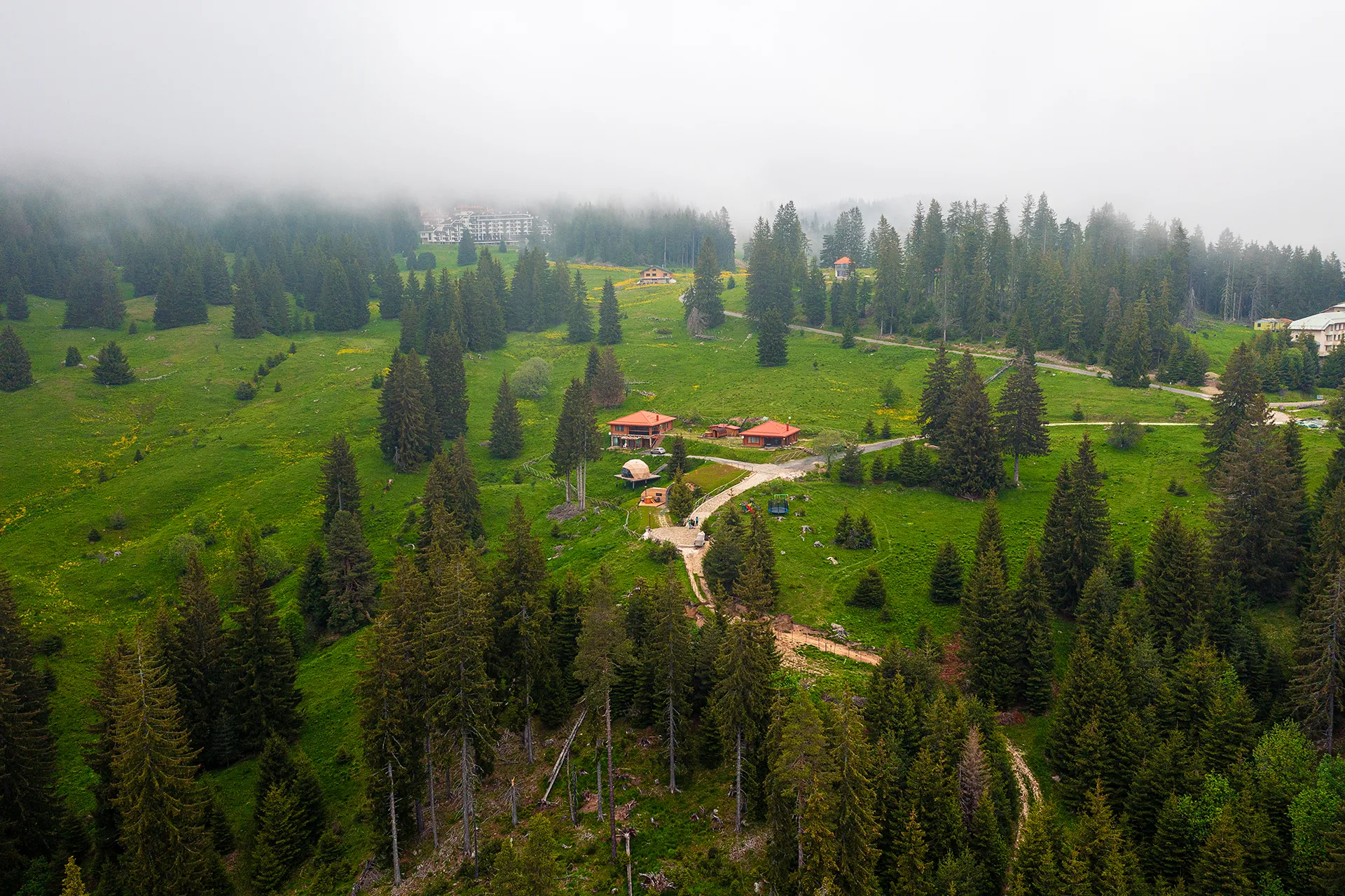 Aerial view of Villa Morava among green meadows and coniferous forest beneath low mountain fog.