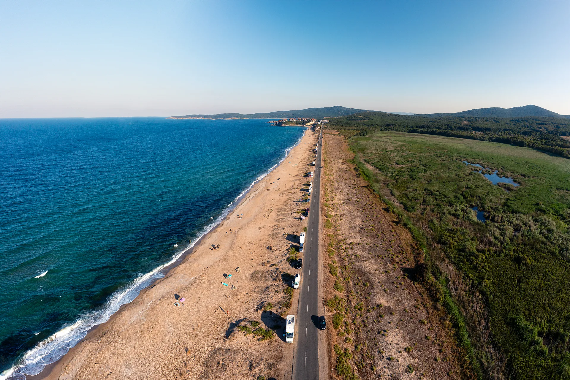 Aerial view of Drivers’ Beach at Alepu, with the Black Sea on one side of the coastal road and the wetlands on the other.