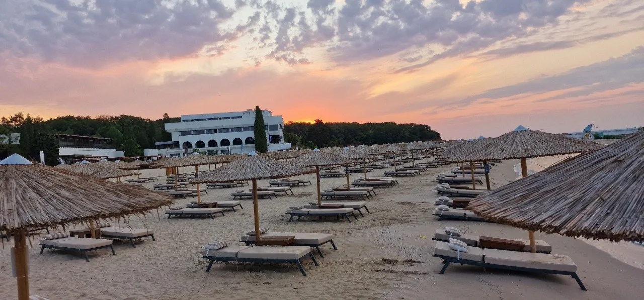 Rows of straw umbrellas and sun loungers on a sandy beach, with trees and a white building in the soft morning light.
