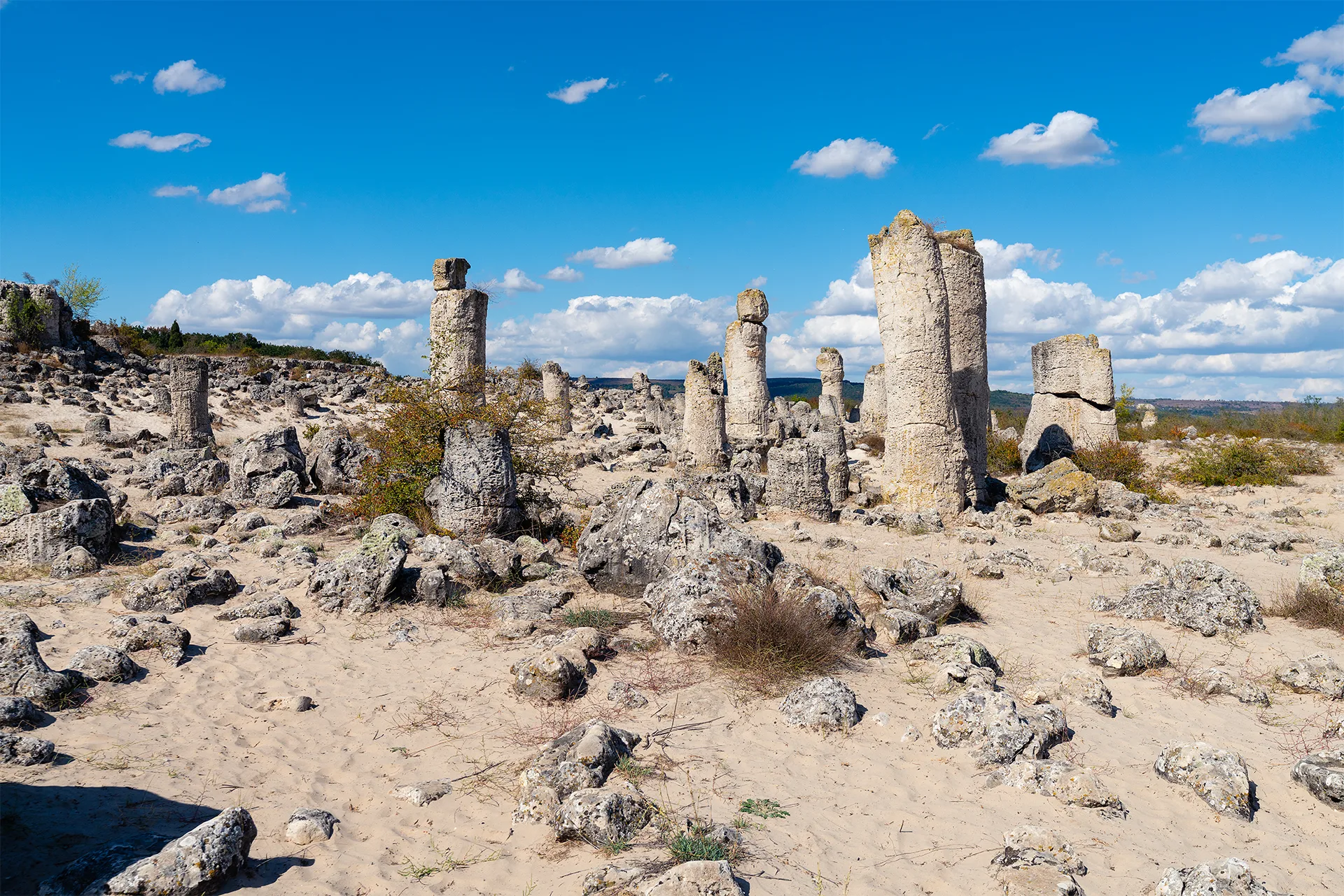 Natural stone columns of Pobiti Kamani rising from the sandy ground beneath a bright blue sky with scattered clouds.