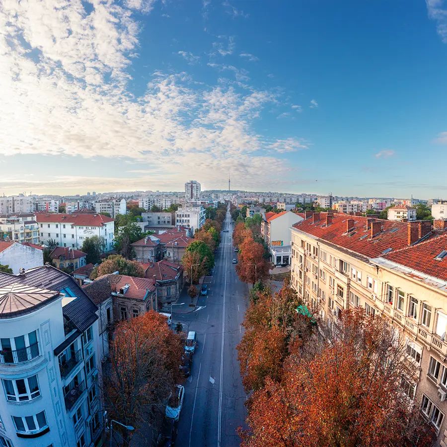 Aerial view over central Ruse with a long tree-lined boulevard, historic buildings, red rooftops and the city stretching toward the horizon.